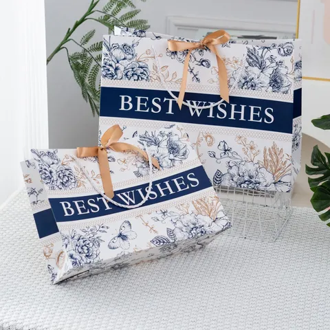 Elegant Floral Paper Gift Bag With Gold Ribbon Bow High-End Thick Cardboard Shopping Handbag For Clothing Cosmetics Wedding Party Favor Packing