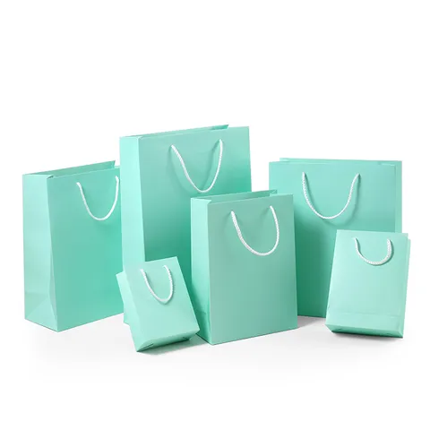 Tiffany Blue Paper Gift Bags With Handles Multi Size Portable Shopping Bags For Festival Wedding Birthday Clothing Packaging Bags
