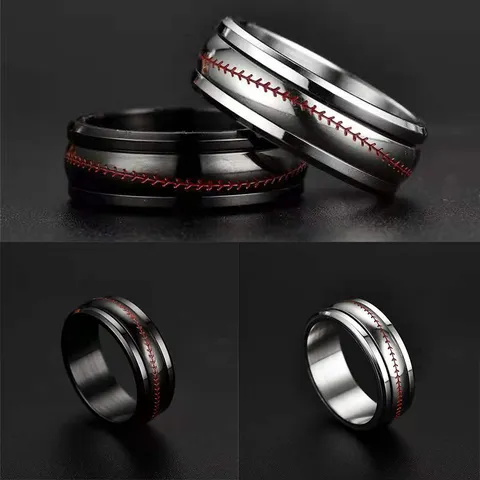Stainless Steel Rotatable Rugby Stitching Spinner Ring For Men Women Trendy Gothic Sport Style Stress Relief Band Ring Gift