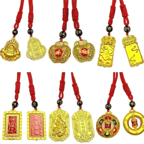 Traditioneller Chinesischer Stil Legierung Goldene Anhänger Halskette Mit Roter Kordel Retro Glücks Amulett Schmuck Geschenk Für Damen Herren