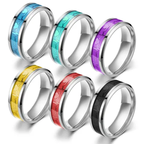 Edelstahl EKG Herz Paar Ring Leuchtend Ring Unisex Mode Schmuck Finger Ring