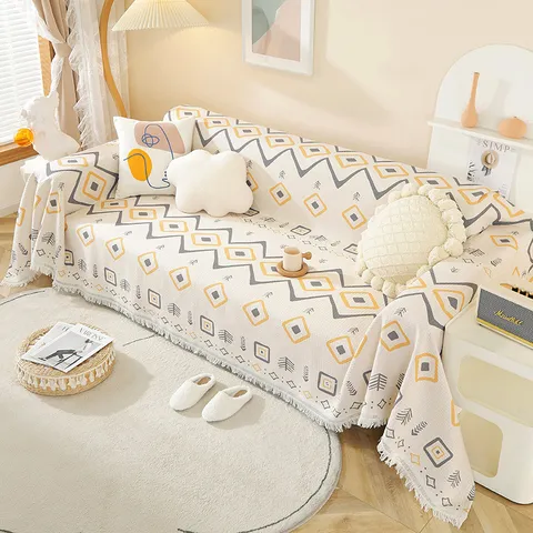 Housse de Canapé Scandinave en Coton Lin Motif Géométrique Pied-de-poule Jeté de Canapé Gaufre Universel Quatre Saisons Couverture Décorative Avec Franges pour Salon Maison