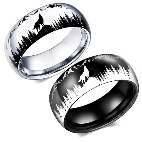 Herren Edelstahl Ring Laser Graviert Wald Wolf Muster Outdoor Stil Mode Finger Ring Schmuck