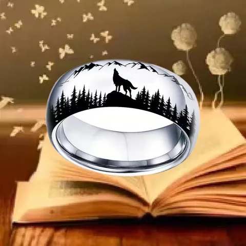 Herren Edelstahl Ring Laser Graviert Wald Wolf Muster Outdoor Stil Mode Finger Ring Schmuck
