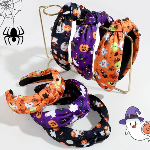 Halloween Pumpkin Ghost Witch Hat Wide Knot Headband Cloth Rhinestone Hair Hoop Party Hair Accessories For Women