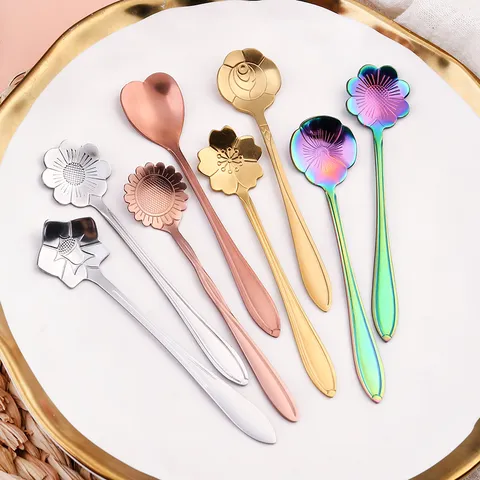Japanischer Stil Edelstahl Kaffeelöffel Kreativer Blumenförmiger Löffel Gold Silber Plattierter Rührlöffel Geschirr Geschenk