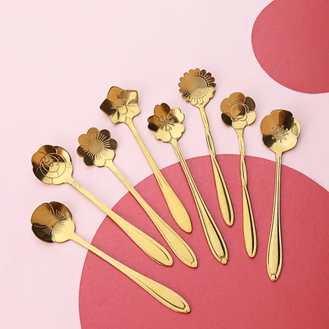 Japanischer Stil Edelstahl Kaffeelöffel Kreativer Blumenförmiger Löffel Gold Silber Plattierter Rührlöffel Geschirr Geschenk