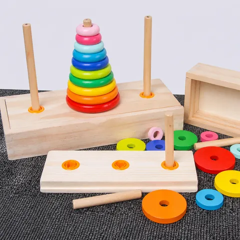 Wooden Hanoi Tower Puzzle Educational Learning Toy For Kids Brain Training Logic Game Colorful Disk Toy