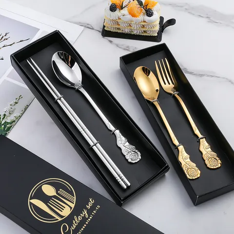 304 Edelstahl Besteckset Vintage Geprägte Rose Geschirr Löffel Gabel Stäbchen Geschenkbox Küche Tischgeschirr