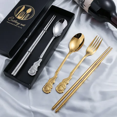 304 Edelstahl Besteckset Vintage Geprägte Rose Geschirr Löffel Gabel Stäbchen Geschenkbox Küche Tischgeschirr