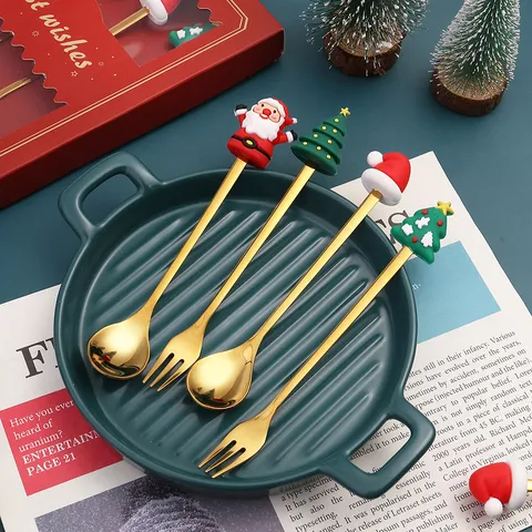 Edelstahl Weihnachten Löffel Und Gabel Set Kreativer Cartoon Puppengriff Kaffee Umrühren Dessert Löffel Festliche Geschirr