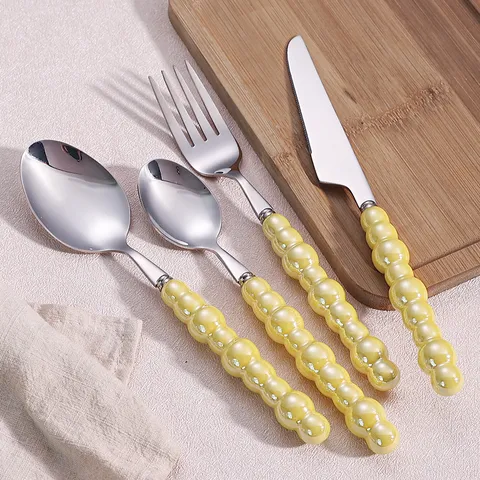 Set di Posate Occidentali in Acciaio Inossidabile Lusso Perla Ceramica Manico Coltello Bistecca Forchetta Cucchiaio per Cucina Festa