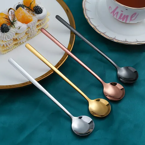 304 Edelstahl Löffel Kreativer Koreanischer Stil Geschirr Hochglanzpoliert Langer Griff Kaffee Dessert Rund Löffel