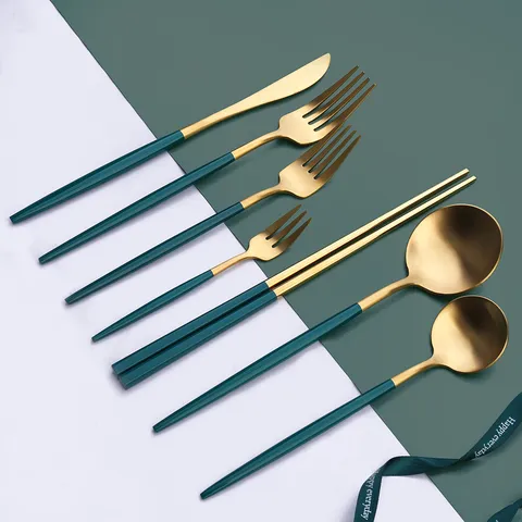 Edelstahl Portugiesisches Besteckset Luxus Pfauengrün Gold Besteck Messer Gabel Löffel Küche Geschirr Geschenkbox