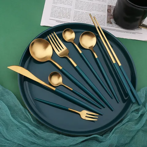 Edelstahl Portugiesisches Besteckset Luxus Pfauengrün Gold Besteck Messer Gabel Löffel Küche Geschirr Geschenkbox
