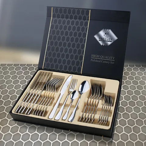 Luxus Edelstahl Besteckset Spiegelpolierte Oberfläche Tableware Geschenkbox Set Küche Geschirr