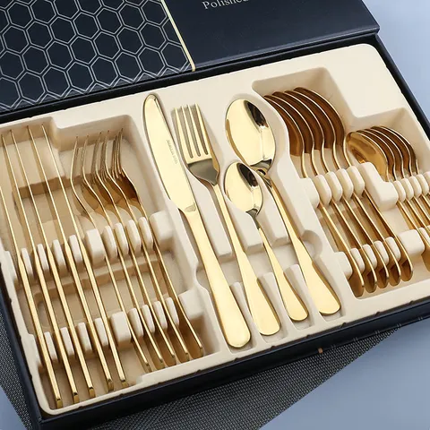 Luxus Edelstahl Besteckset Spiegelpolierte Oberfläche Tableware Geschenkbox Set Küche Geschirr