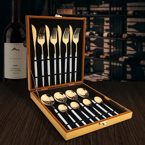 Edelstahl Besteckset Luxus Geschirr Mit Holzkiste Modernes Besteck Messer Gabel Löffel Set Für Küche Essen
