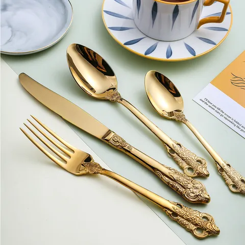 Juego de Cubiertos Vintage en Relieve de Acero Inoxidable Cuchillo Tenedor Cuchara Dorado Plateado Vajilla