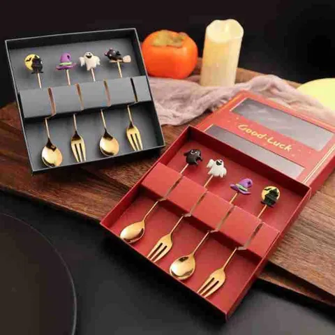 Halloween Edelstahl Löffel Und Gabel Set Kreativer Cartoon Dessert Besteck Mit Geschenkbox Party Geschirr