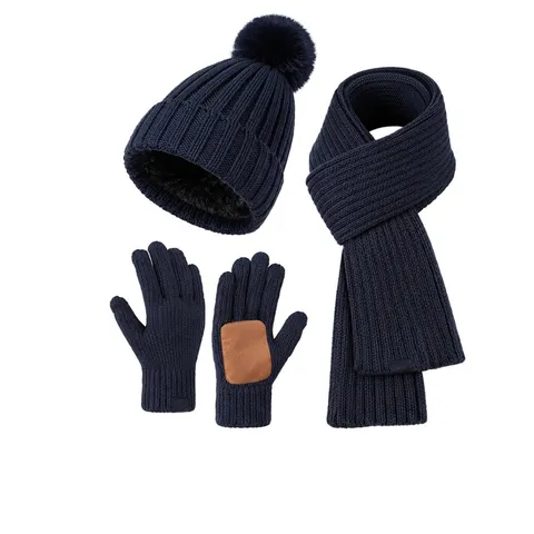 Women Winter Warm Knitted Beanie Hat Scarf Gloves Set Fleece Lined Pom Pom Cable Knit Outdoor Touchscreen Gloves Set