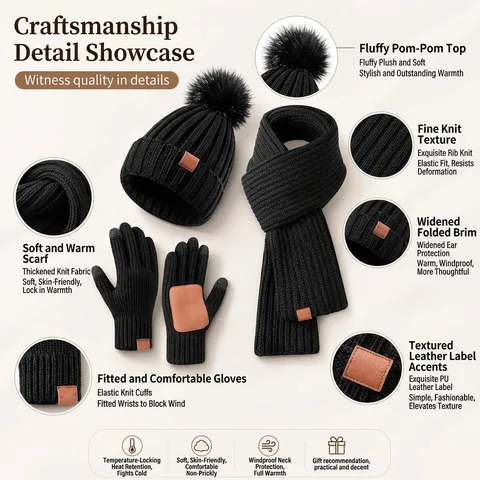 Women Winter Warm Knitted Beanie Hat Scarf Gloves Set Fleece Lined Pom Pom Cable Knit Outdoor Touchscreen Gloves Set