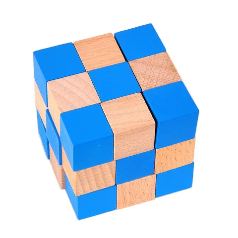 Serrure Kongming en Bois Casse-Tête Puzzle Jouet Éducatif Bleu Et Bois Naturel Puzzle 3D Emboîté Cadeau Pour Adultes Et Adolescents