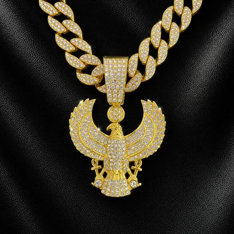 Collier Pendentif Aigle en Alliage de Strass pour Hommes Hip Hop Or Argent Cristal Ancien Dieu Gardien Égyptien Aigle Animal Charme Collier Chaîne Cubaine pour Fête