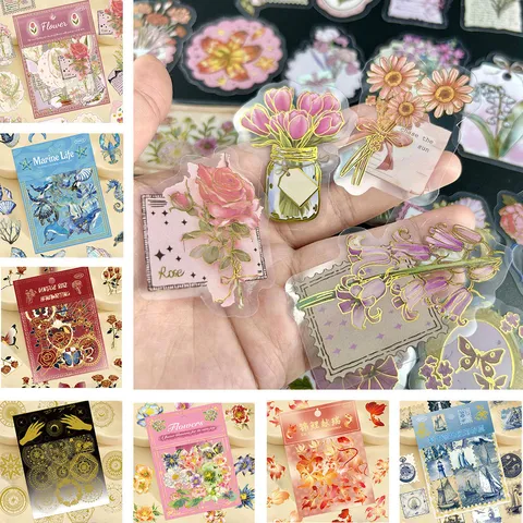 Transparent PET Sticker Pack Foil Stamping Aesthetic Journal Stationery DIY Decorative Craft Scrapbook Stickers