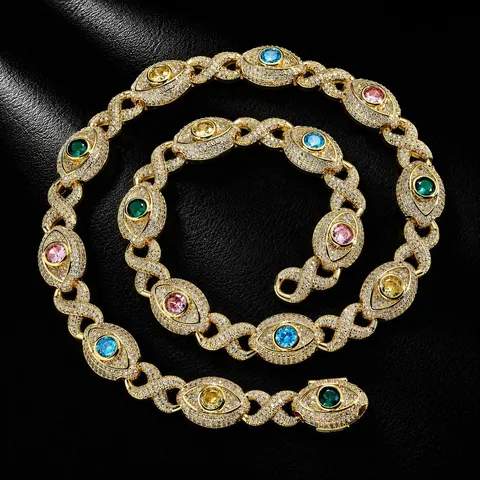 Hip Hop Herren Halskette Kupfer Iced Out Zirkonia Unendlichkeitssymbol Böser Blick 15mm Panzerkette Iced Out Schmuck Für Party