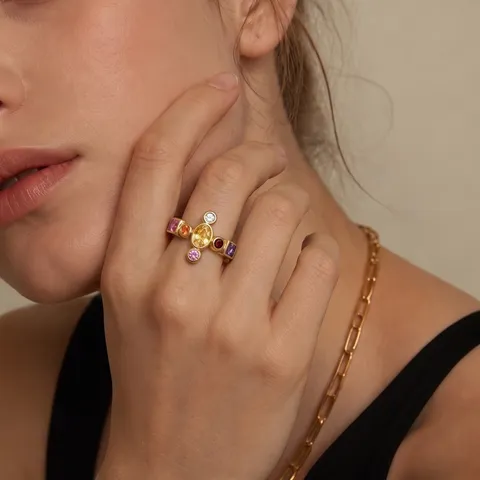 Vintage Stainless Steel Cross Ring For Women Colorful Zirconia Heteromorphic Geometric Band Ring French Court Style Statement Jewelry Gift