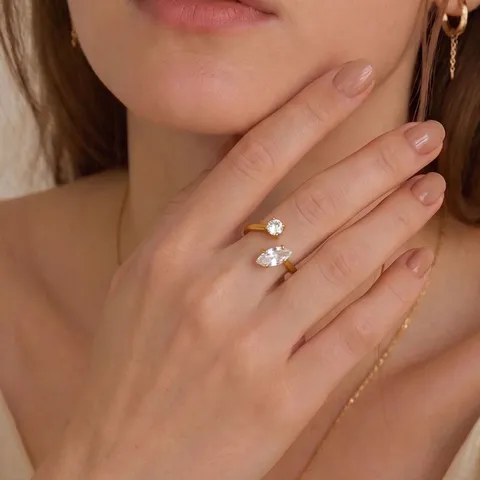 French Vintage Marquise Zirconia Stainless Steel Open Ring For Women Adjustable Fine Gold Finger Ring Luxury Elegant Jewelry Accessory Gift