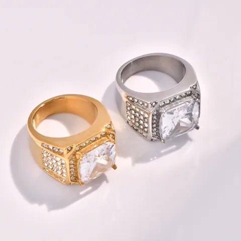 Luxurious 304 Stainless Steel Pave Rhinestone Geometric Ring For Men Gold Silver Plated Exaggerated Large Square Crystal Statement Finger Ring Banquet Party Jewelry Gift