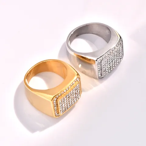 Western Style Stainless Steel Square Rhinestone Ring Domineering Wide Band Plated Geometric Finger Ring Jewelry For Men Women Party Gift