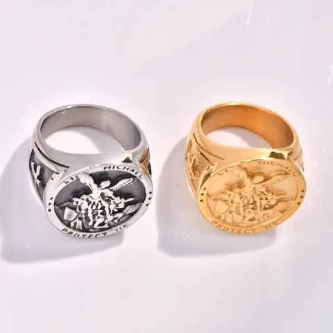 Retro Stainless Steel Saint Michael Protect Us Angel Ring Men's Vintage Religious Archangel Protection Signet Ring Gold Silver Band Jewelry