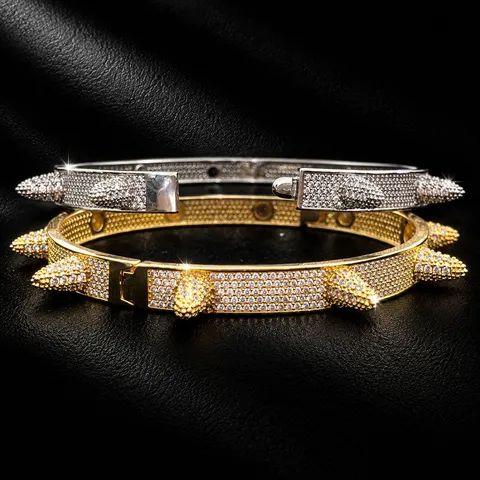Herren Hip Hop Zirkonia Eingelegt Spitz Niete Armreif Kupfer Gold Silber Plattiert Punk Rap Armband Schmuck Für Party