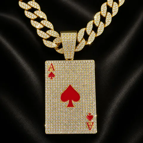 Hip Hop Zinc Alloy Rhinestone Playing Cards Ace Of Hearts Pendant Necklace Men Electroplated Enamel Cuban Chain Necklace Jewelry Gift