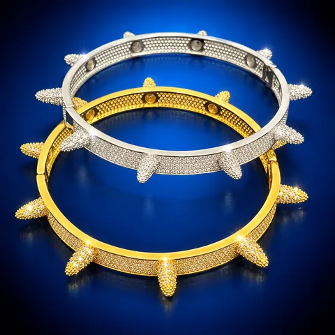 Herren Hip Hop Zirkonia Eingelegt Spitz Niete Armreif Kupfer Gold Silber Plattiert Punk Rap Armband Schmuck Für Party