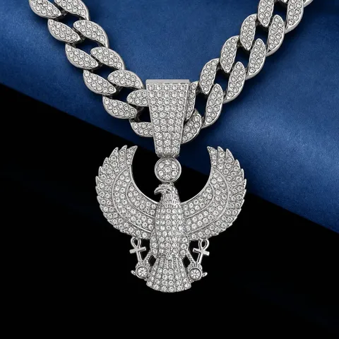 Collier Pendentif Aigle en Alliage de Strass pour Hommes Hip Hop Or Argent Cristal Ancien Dieu Gardien Égyptien Aigle Animal Charme Collier Chaîne Cubaine pour Fête