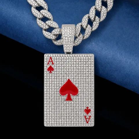 Hip Hop Zinc Alloy Rhinestone Playing Cards Ace Of Hearts Pendant Necklace Men Electroplated Enamel Cuban Chain Necklace Jewelry Gift