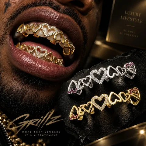 Hip-Hop-Herz-Zahnschmuck-Kupfer-Galvanisiert-Strass-Zahnschmuck-Für-Herren-Damen-Gold-Silber-Party-Mode-Accessoire