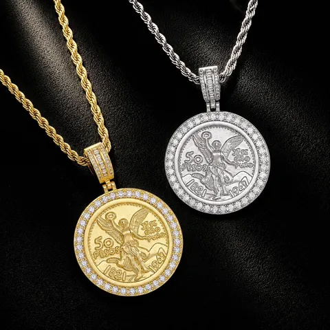 Hip Hop Kupfer Strass Centavo Münze Anhänger Halskette Rund Engel Medaillon Gedrehte Kette Iced Out Bling Herren Schmuck
