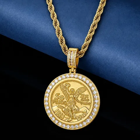 Hip Hop Kupfer Strass Centavo Münze Anhänger Halskette Rund Engel Medaillon Gedrehte Kette Iced Out Bling Herren Schmuck