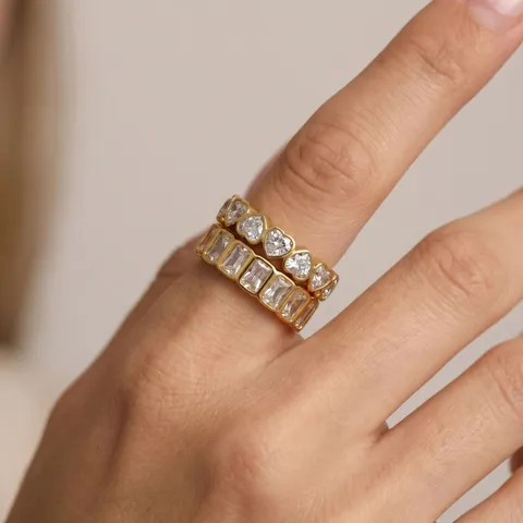 Minimalistisch 304 Roestvrij Staal Verguld Strass Eternity Band Ring Geometrisch Vierkant Hartvorm Stapelring Voor Dames Luxe Dagelijkse Feest Sieraden