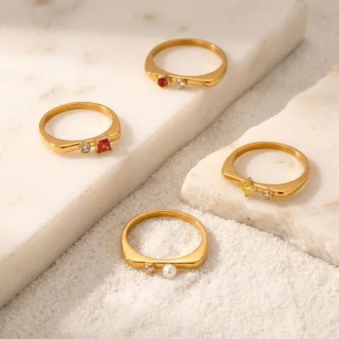 Minimalist Stainless Steel 18K Gold Plated Gemstone Ring Niche Design Rhinestone Artificial Pearl Ring For Women Everyday Commute Stacking Ring