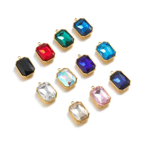 Stainless Steel Rectangle Rhinestone Pendant Vacuum Plated Gold Crystal Charms For DIY Necklace Earring Jewelry Making Accessories