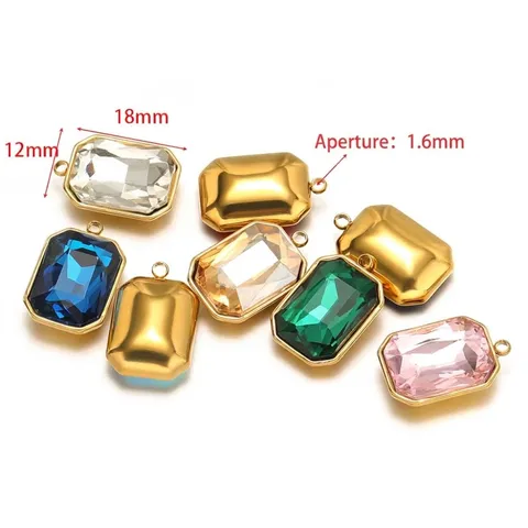 Stainless Steel Rectangle Rhinestone Pendant Vacuum Plated Gold Crystal Charms For DIY Necklace Earring Jewelry Making Accessories