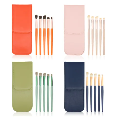 Professional Wood Handle Synthetic Fiber Eye Makeup Brush Kit With Portable PU Leather Pouch For Eyeshadow Blending Detail Shading