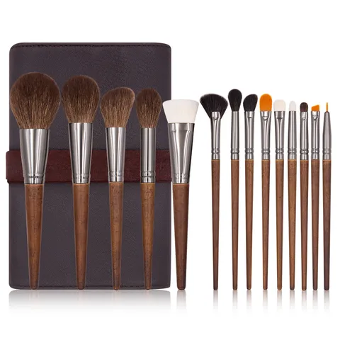 Professionele Dierenhaar Make-up Borstels Geitenhaar Ponyhaar Synthetische Vezel Beukenhout Handvat Foundation Poeder Oogschaduw Blending Borstels Met PU-Lederen Opbergtas Cilinder Etui Voor Make-up Artiesten Vrouwen