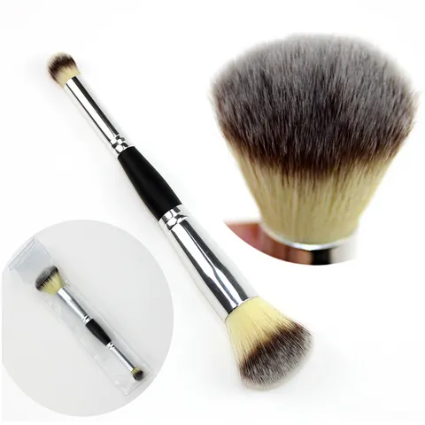 Double-Ended Makeup Brush Dual-Use Blush Brush Nose Shadow Contouring Brush Synthetic Hair Wood Handle Aluminum Tube Tool